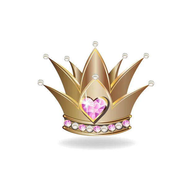 Красивая Золотая Корона Принцессы Жемчугом Розовыми Драгоценностями Векторная Иллюстрация Белом — стоковый вектор
