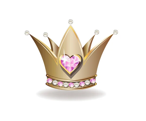 真珠とピンクの宝石で美しい黄金の王女の王冠 白い背景のベクトルイラスト — ストックベクタ