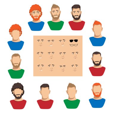Male emotions and characters in a large set. Vector illustration on a white background.