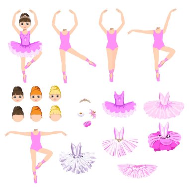 Cute little ballerina with a set of dresses. Vector set for creating a character.