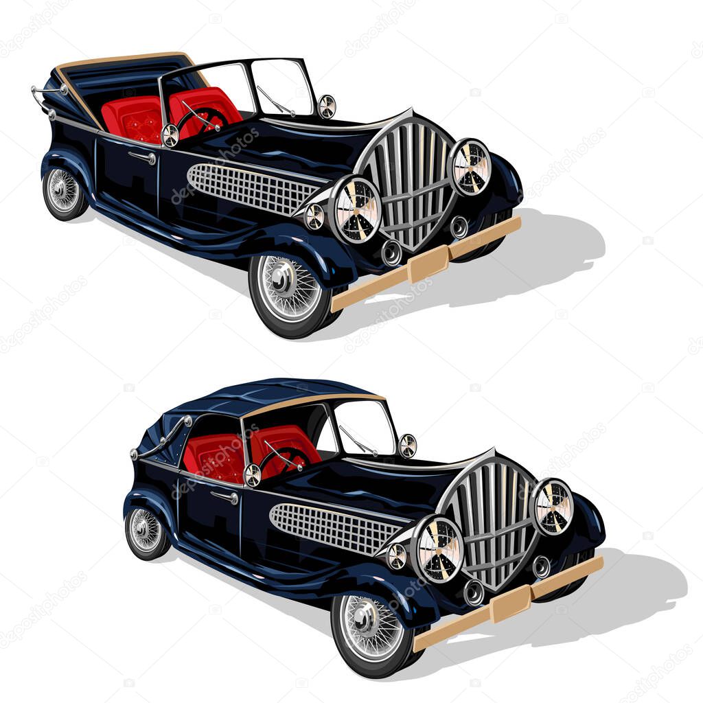 Vector set of black convertible with red seats in retro style. 1920 year. Isolated cartoon style on a white background.