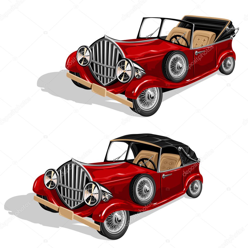 Vector set of red convertible with big headlights in retro style. 1920 year. Retro car in cartoon style. Vector illustration isolated on white background.