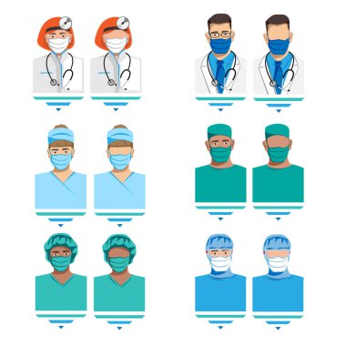 Tıbbi maskeli doktorların karakterleri. Karantinaya alın. Vektör illüstrasyonu.