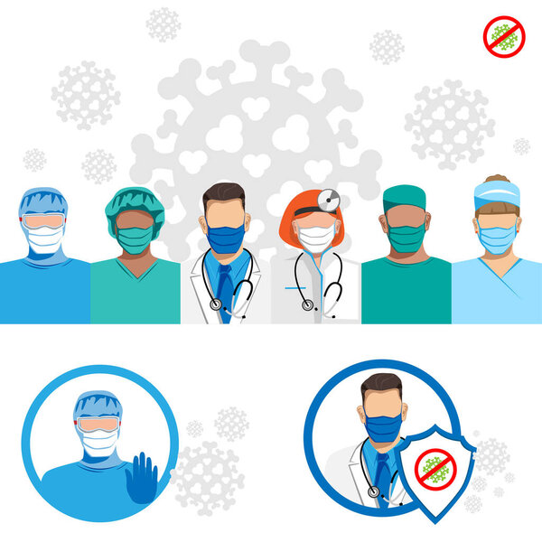 Coronavirus epidemic control image set. Doctors in medical masks stop the virus. Vector illustration.