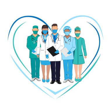 Tulum giymiş bir grup doktor. Doktorlar sağ olsun. Salgını durdurun. Beyaz arkaplanda vektör illüstrasyonu.