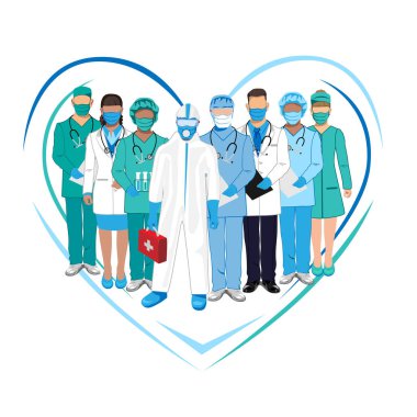Tulum giymiş bir grup doktor. Doktorlar sağ olsun. Salgını durdurun. Beyaz arkaplanda vektör illüstrasyonu.