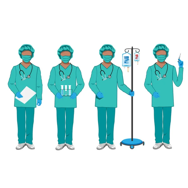 Vektor Set Von Krankenschwestern Spezialkleidung Und Schutzmaske Mit Spritze Tropfer — Stockvektor