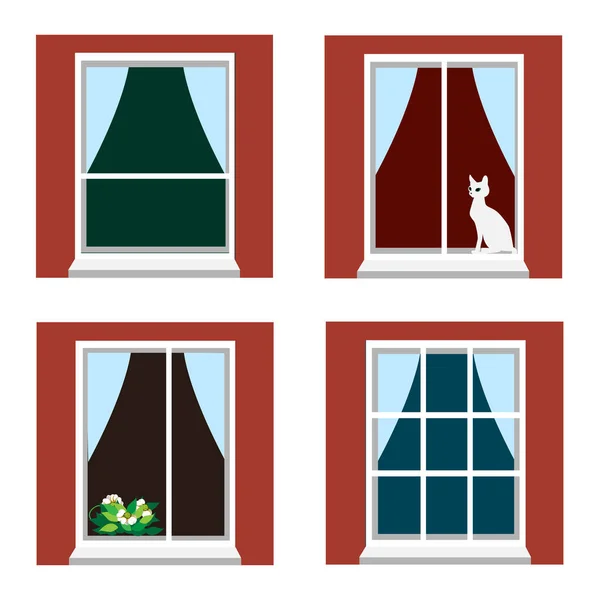Set Finestre Domestiche Con Tende Fiori Illustrazione Vettoriale Sfondo Bianco — Vettoriale Stock