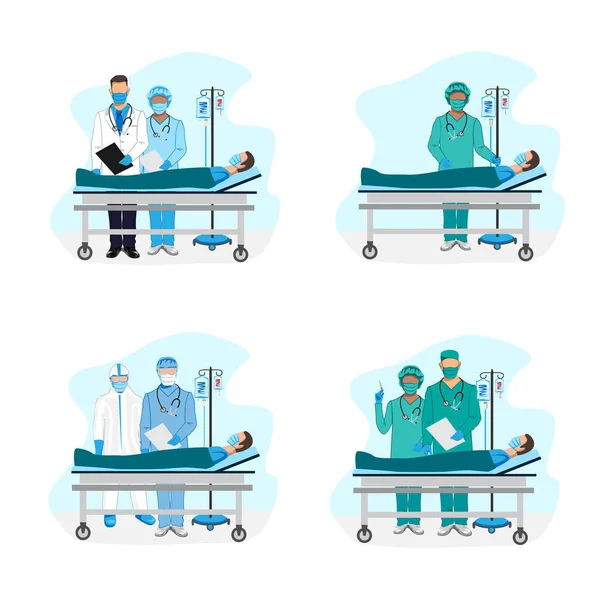 Doctor Nurse Examining Patient Hospital Ward Set Vector Illustrations — Stock Vector