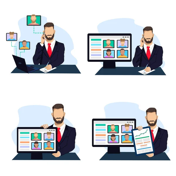Träna Och Göra Affärer Distans Videokonferens Vektorillustration — Stock vektor