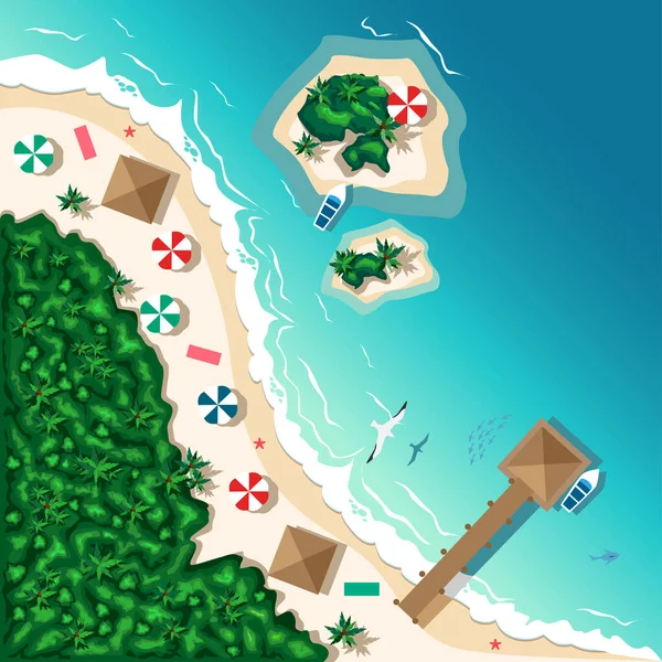 Letecký Pohled Tropickou Pláž Ostrovy Letní Cestování Vektorová Ilustrace — Stockový vektor