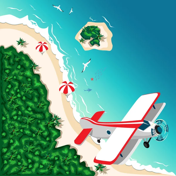 Airplane Tropical Beach Island Summertime Travel Entertainment Aerial View Vector — Stock Vector