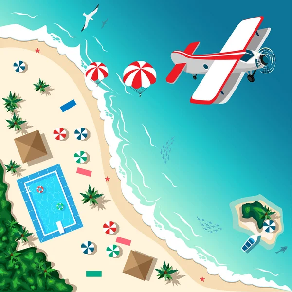 Airplane Tropical Beach Island Summertime Travel Entertainment Aerial View Vector — Stock Vector