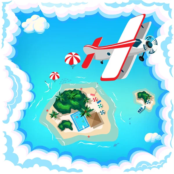 Airplane Tropical Beach Island Summertime Travel Entertainment Aerial View Vector — Stock Vector