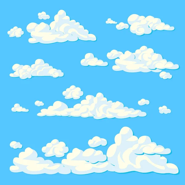 Nubes Dibujos Animados Grupo Nubes Suaves Esponjosas Sobre Fondo Azul — Vector de stock