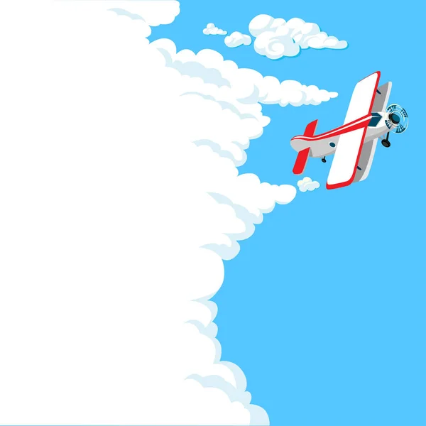 Cartoon Plane Vole Sur Fond Nuages Blancs Ciel Bleu Illustration — Image vectorielle