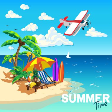 İçinde tropik bir plaj, palmiye ağaçları ve iskemle resmi olan bir poster. Yaz tatili zamanı. Vektör illüstrasyonu.