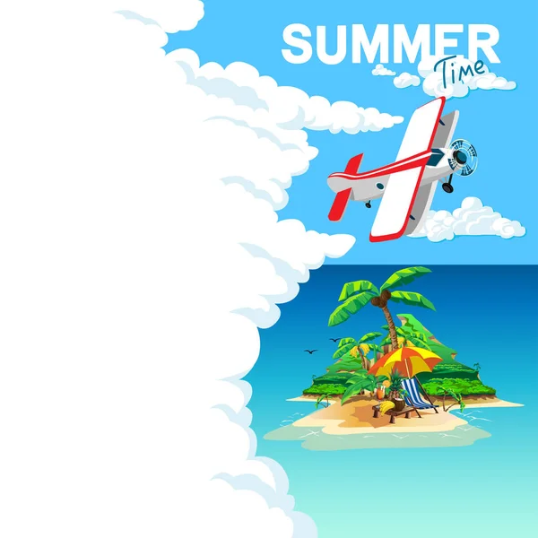 熱帯のビーチ ヤシの木 デッキチェアの写真付きのポスター 夏休みの時間だ ベクターイラスト — ストックベクタ