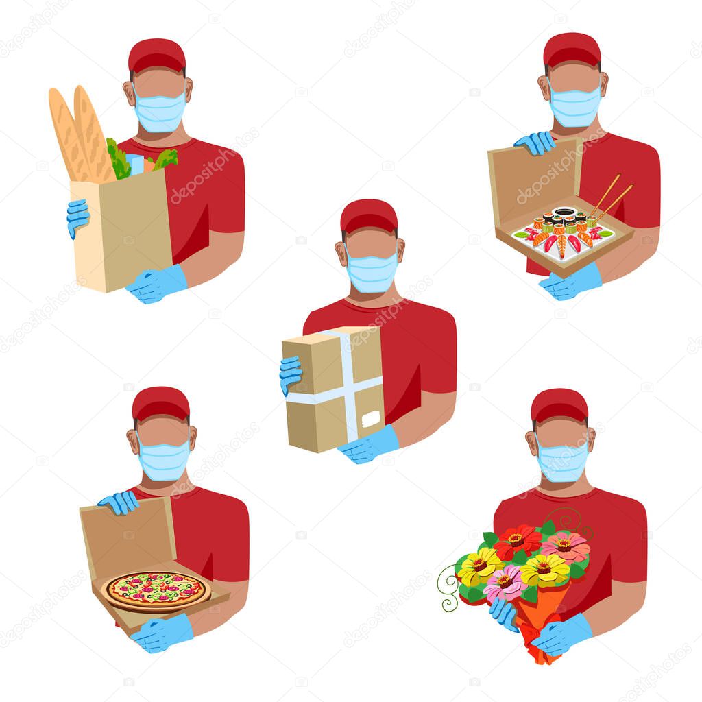 Courier in medical mask and gloves delivers the package. Quarantine. Social distance. Vector illustration.