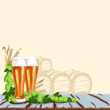 Bira arka planında bir bardak bira eski tahtalarda duruyor. Bira Festivali. Menü, reklam ya da poster için arka plan. Vektör illüstrasyonu.