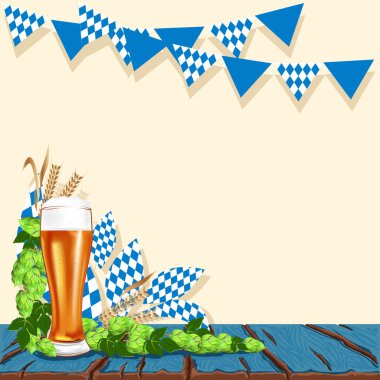 Bira arka planında bir bardak bira eski tahtalarda duruyor. Bira Festivali. Menü, reklam ya da poster için arka plan. Vektör illüstrasyonu.