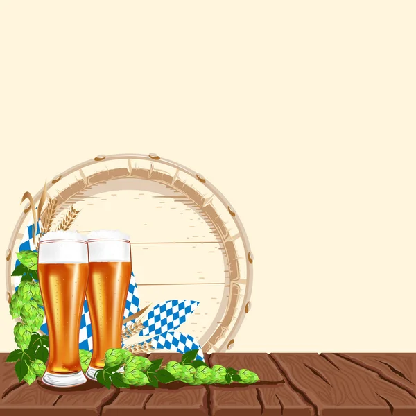 啤酒的背景和一杯啤酒站在老木板上 啤酒节 广告或海报的背景 矢量说明 — 图库矢量图片