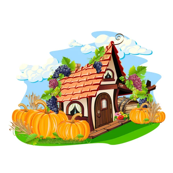 Fairytale Village House Harvest Pumpkins Grapes Wheat Autumn Harvest Vector — Stock Vector