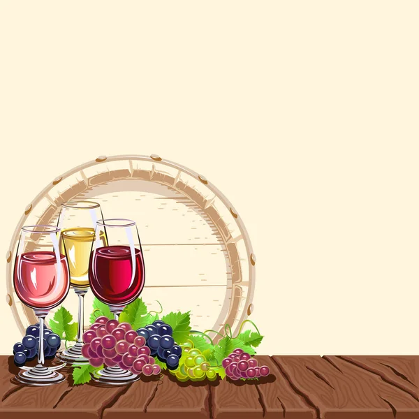 Víno Zátiší Starém Dřevěném Povrchu Vinobraním Víno Hrozny Hroznů Vektorová — Stockový vektor