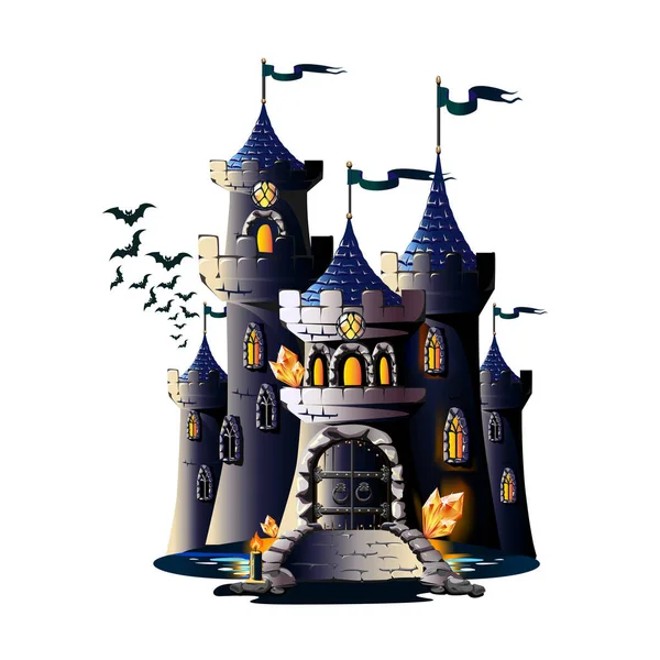 Темний Замок Мостом Залізними Воротами Сторожовими Вежами Векторні Ілюстрації Білому — стоковий вектор