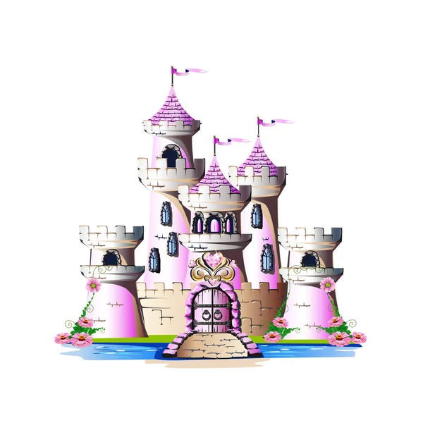 Roze Prinses Kasteel Met Magische Kristallen Harten Torens Vector Illustratie — Stockvector