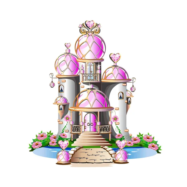 魔法の結晶 心と塔とピンクの王女の城 白い背景に独立したベクターイラスト — ストックベクタ