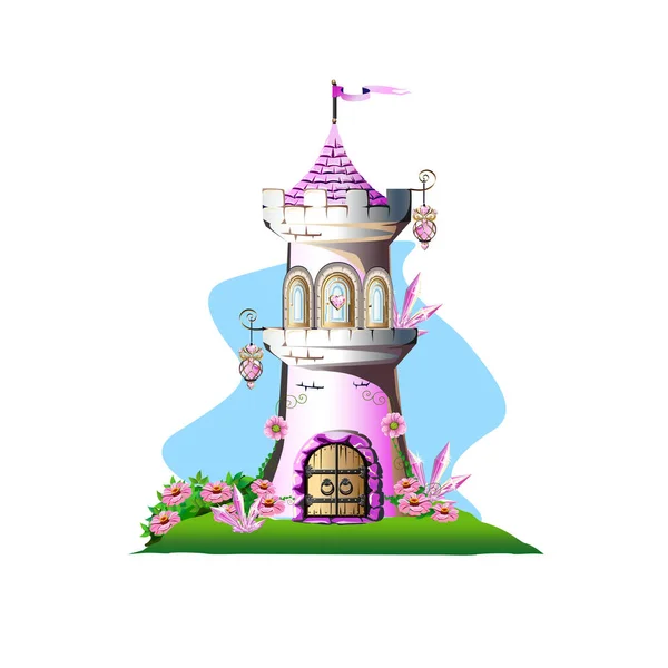 Castelo Princesa Rosa Com Cristais Mágicos Corações Torres Ilustração Vetorial — Vetor de Stock