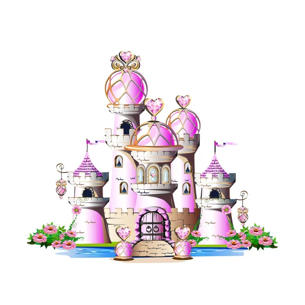 Castelo Princesa Rosa Com Cristais Mágicos Corações Torres Ilustração Vetorial — Vetor de Stock