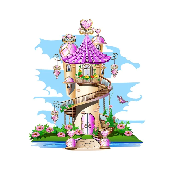 Roze Prinses Kasteel Met Magische Kristallen Harten Torens Vector Illustratie — Stockvector