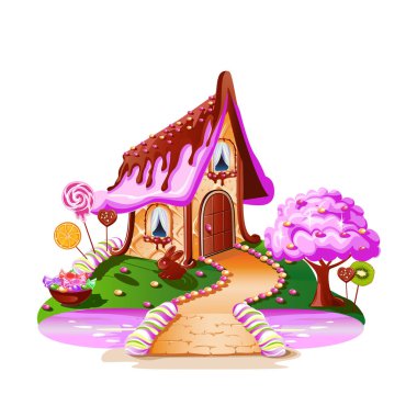 Şeker diyarında güzel bir ev. Etrafı şeker, şeker ve meyvelerle çevrili bir masal evi. Pembe nehir ve güzel bir köprü. Beyaz arkaplanda vektör illüstrasyonu.