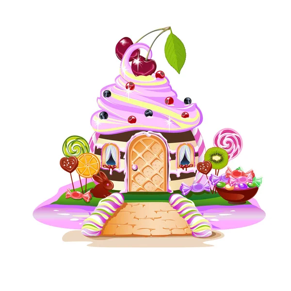 キャンディランドのスイートハウス お菓子 キャンディー 果物に囲まれたおとぎ話の家 ピンクの川と甘い橋 白い背景のベクトルイラスト — ストックベクタ