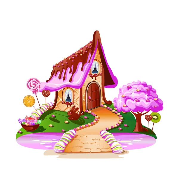 糖地上的甜蜜房子 充满糖果 糖果和水果的童话般的房子 平克河和一座甜蜜的桥 白色背景上的矢量说明 — 图库矢量图片