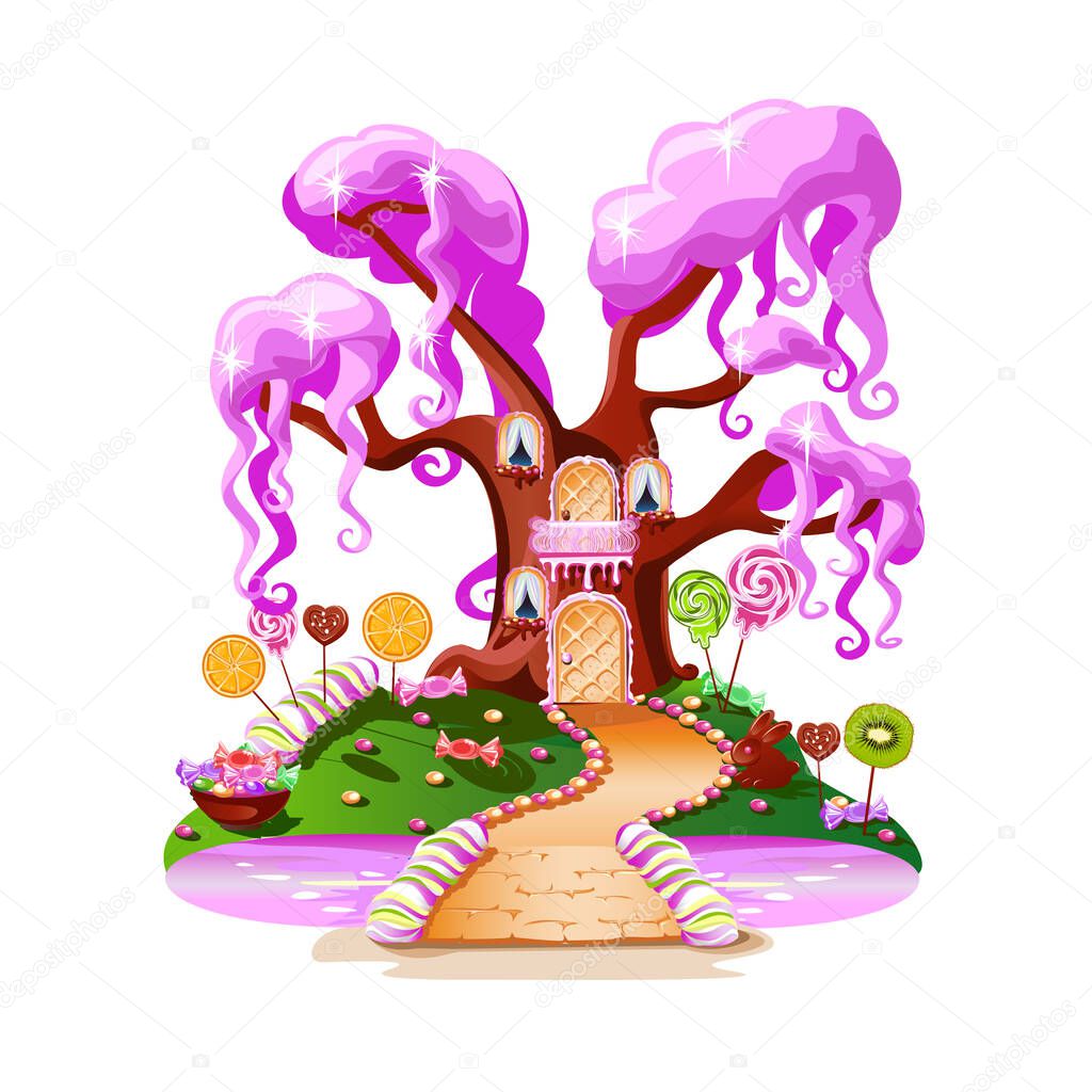 Sweet house on candy land. Fairytale house surrounded by sweets, candies and fruits. Pink river and a sweet bridge. Vector illustration on a white background.