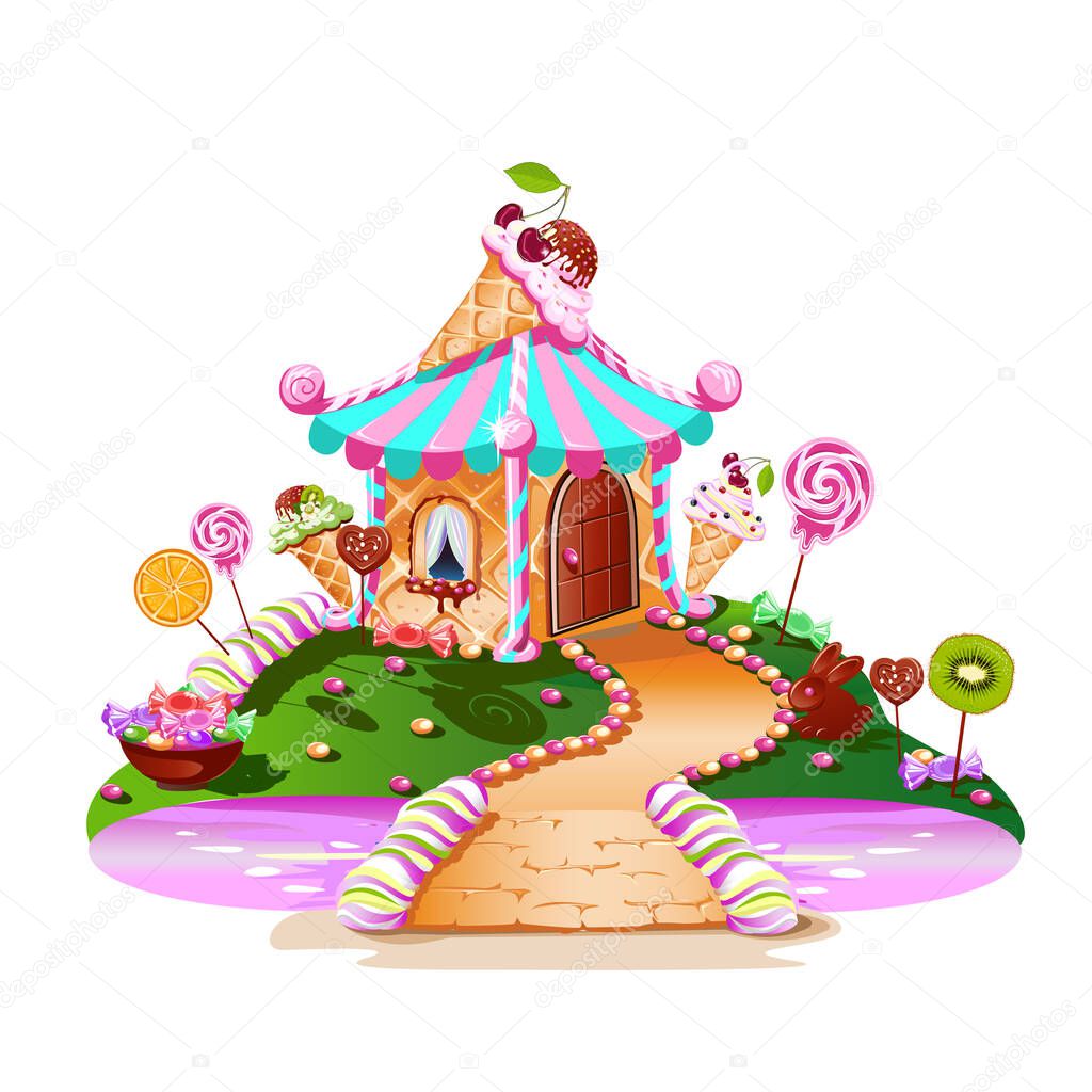 Sweet house on candy land. Fairytale house surrounded by sweets, candies and fruits. Pink river and a sweet bridge. Vector illustration on a white background.