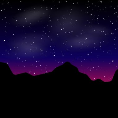Vektör güzel gece manzarası ile yıldızlar ve siluet dağ