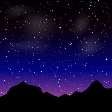 Vektör güzel gece manzarası ile yıldızlar ve siluet dağ