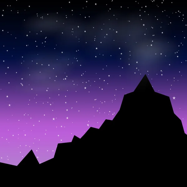 Vettore Bellissimo paesaggio notturno con stelle e silhouette di montagna — Vettoriale Stock