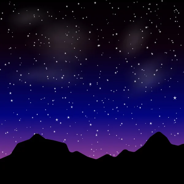 Вектор Красивый ночной пейзаж со звездами и силуэт горы — стоковый вектор