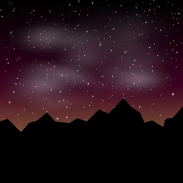 Vektor indah pemandangan malam dengan bintang-bintang dan siluet gunung - Stok Vektor