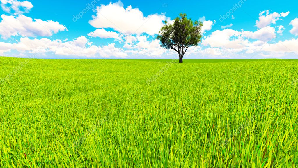Tree field of grass and perfect sky landscape 3D rendering