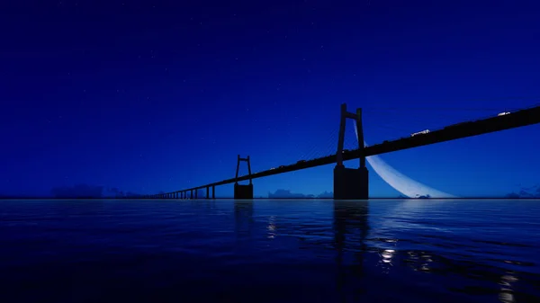 Nachtbrücke bei klarem Himmel. 3D-Darstellung — Stockfoto