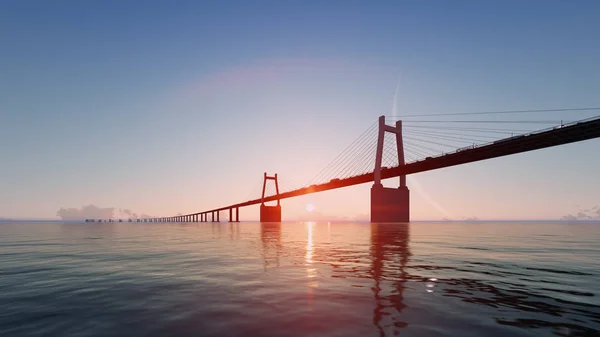 Most s slunce a velký měsíc. 3D vykreslování — Stock fotografie