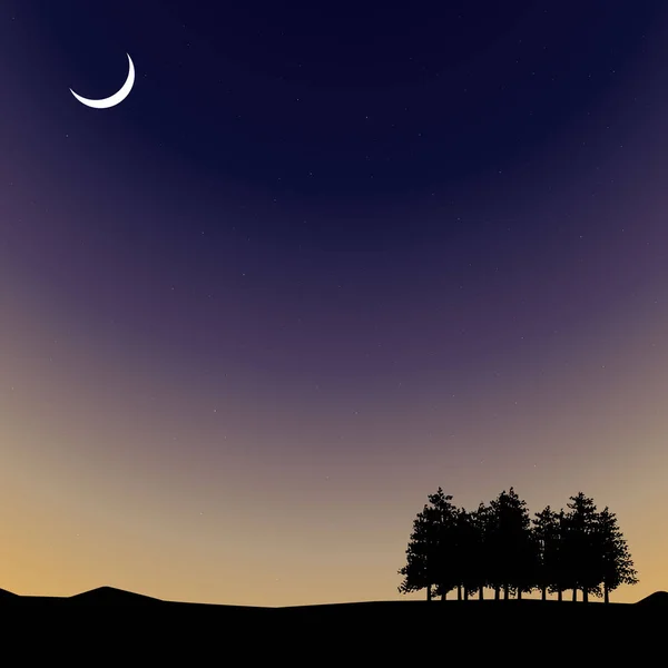 夜の空、月と木の自然風景をベクトルします。 — ストックベクタ