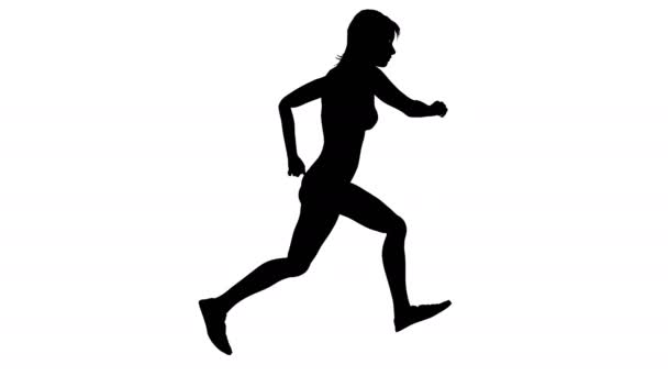 4k Цикл анимированного силуэта женщины, бегущей на белом фоне — стоковое видео