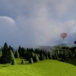 Air ballons under forest and mountains